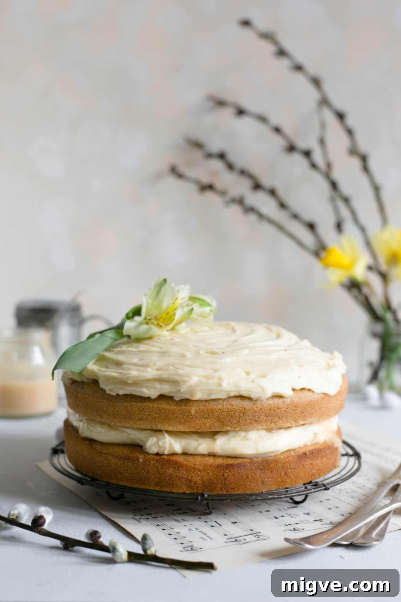 Stunning vegan white chocolate cake with blood orange curd, perfect for any special occasion or holiday. #dairyfree #cake #vegan #foodphotography