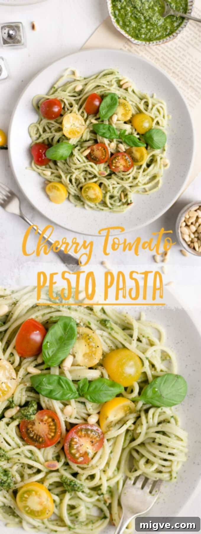 Pesto pasta with cherry tomatoes. Quick and easy idea for lunch or dinner, ready in 15 minutes! #veganrecipe #healthyrecipe #pasta | via @annabanana.co