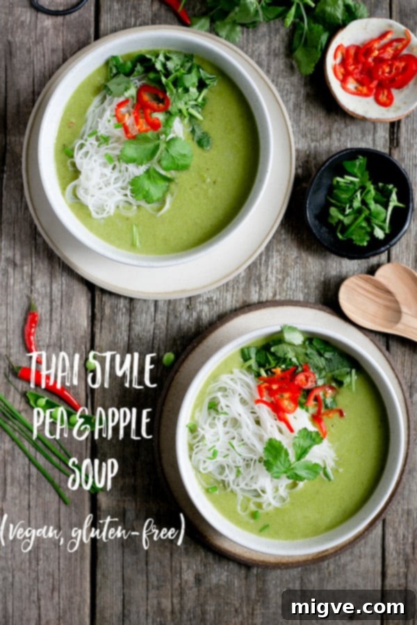 Aromatic Thai Pea Apple Velvet 10 This Thai style pea and apple soup is full of beautiful, aromatic flavours, made with 7 ingredients, and ready in just under 30 minutes! #veganrecipe #healthysoup #easyrecipe | via @annabanana.co