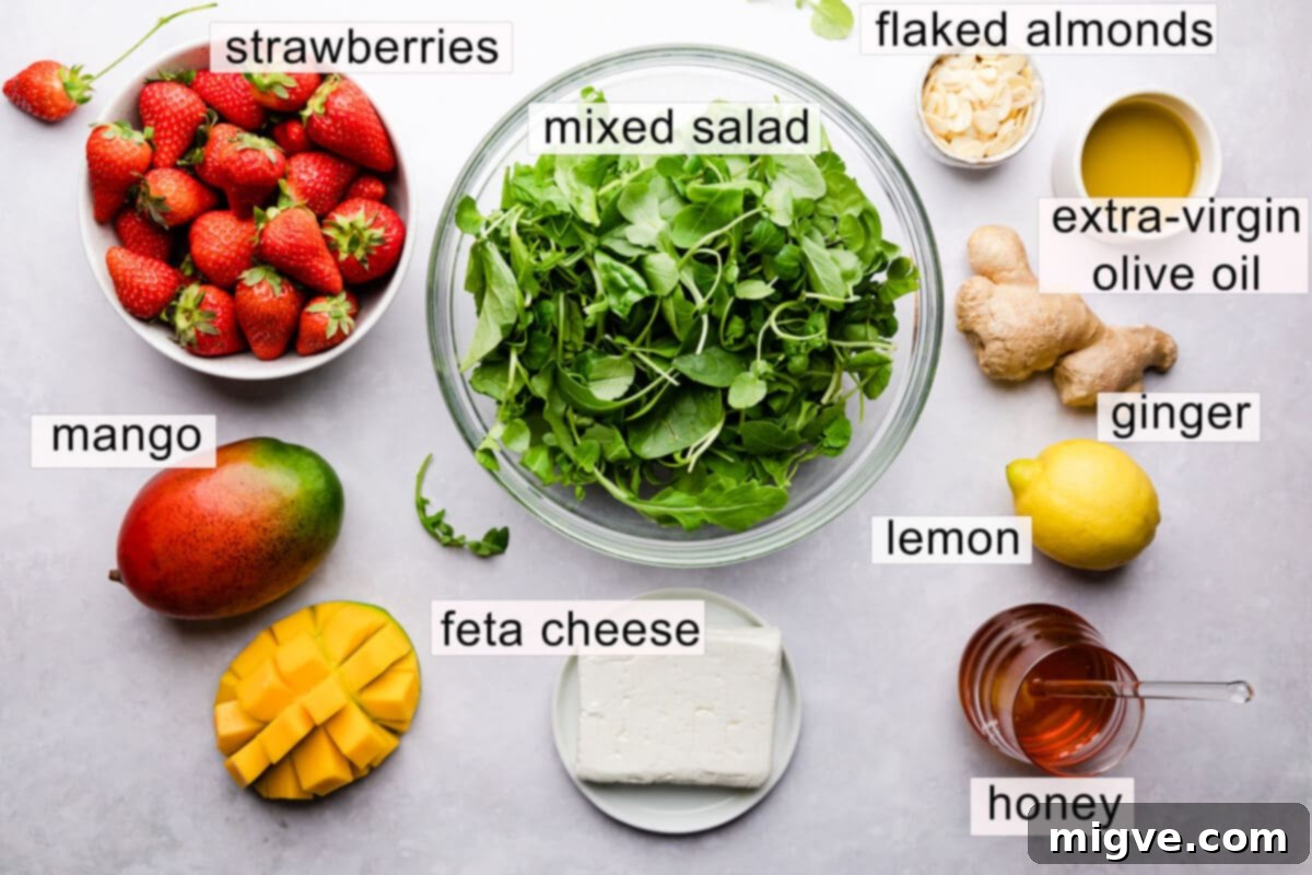 top view photo of the ingredients for strawberry and mango salad with text labels