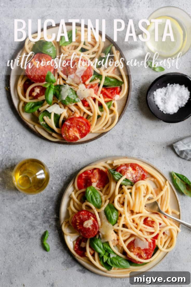 Super simple recipe for bucatini pasta with juicy, oven-roasted tomatoes and fresh basil. Budget friendly and perfect for a whole family