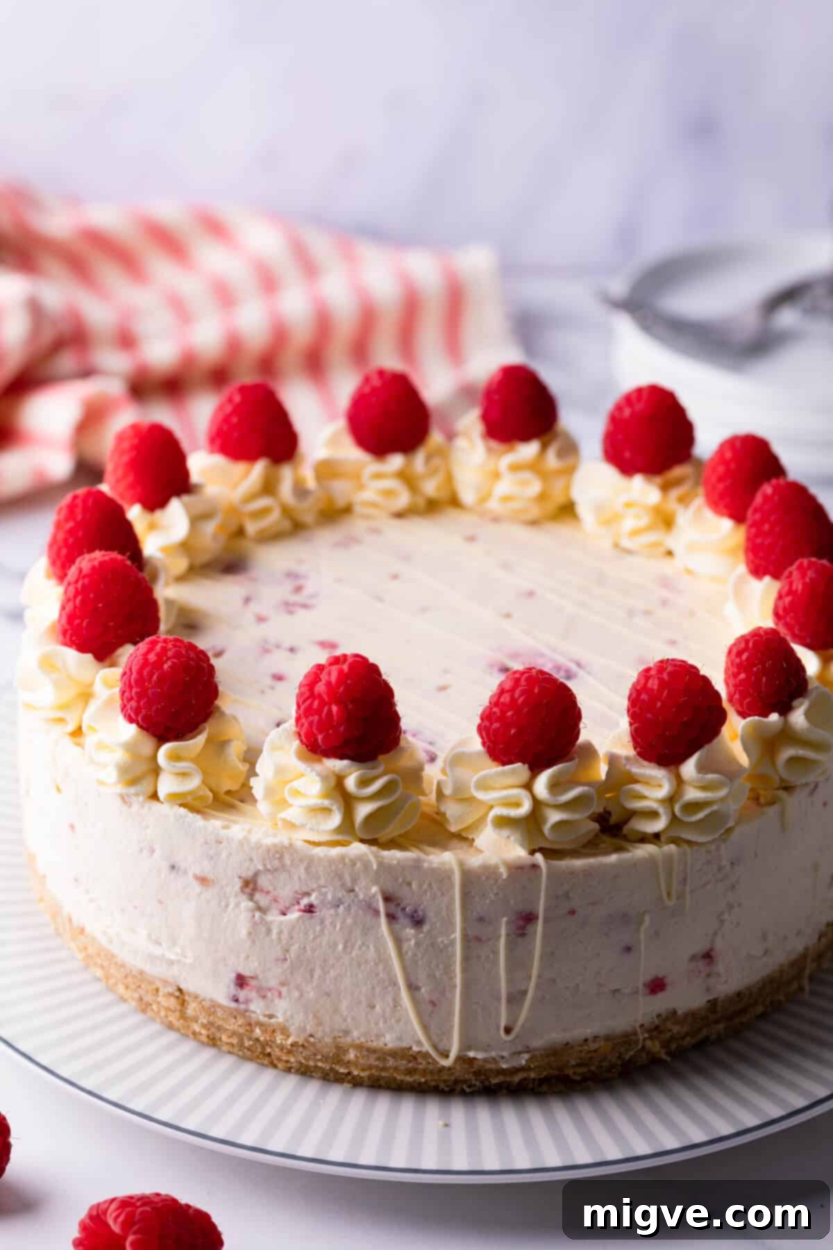 raspberry white chocolate cheesecake topped with whipped cream and fresh berries on a large plate.