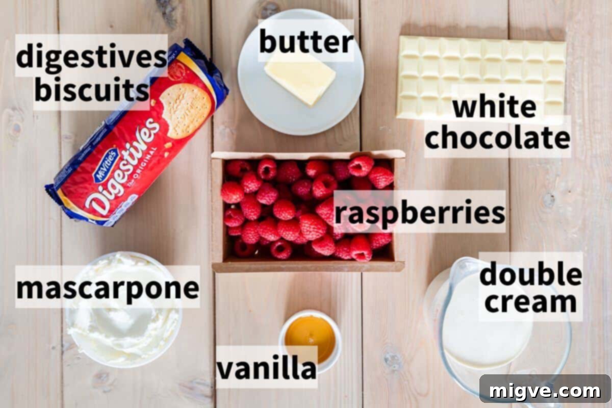 ingredients needed to make no bake raspberry and white chocolate cheesecake with text overlay.