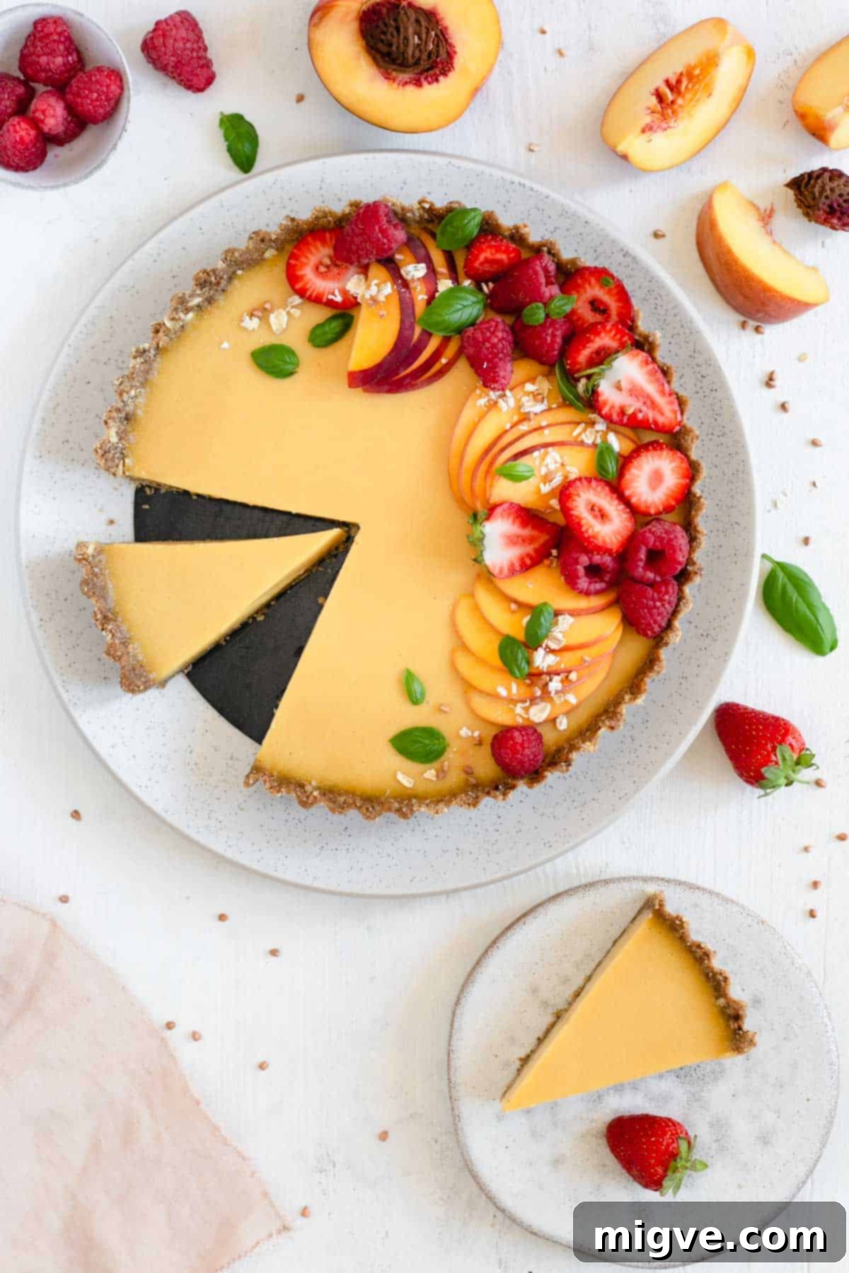 Wholesome Golden Peach Tart 5 Vegan peach tart topped with fresh peaches and summer berries