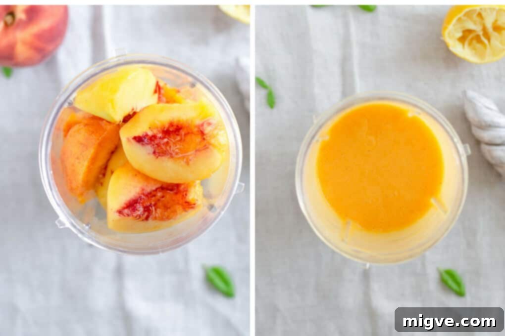 Wholesome Golden Peach Tart 6 Peach slices in a blender before and after being processed