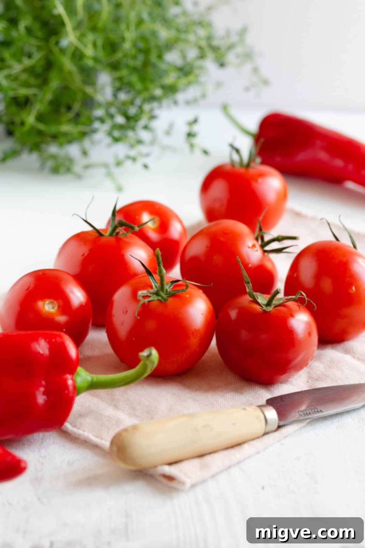 Whole red tomatoes and sweet romano peppers ready for roasting