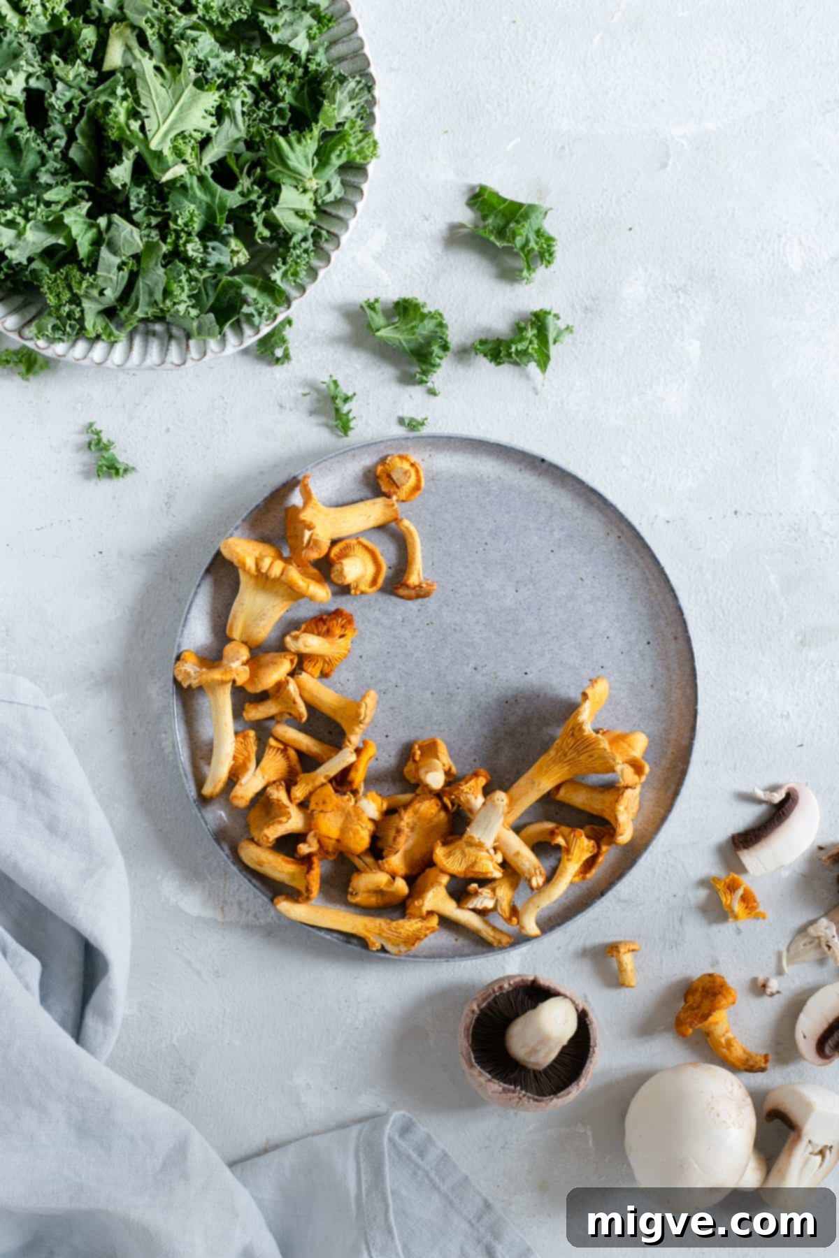 Fresh curly kale and assorted chanterelle mushrooms on separate plates, showcasing key ingredients.