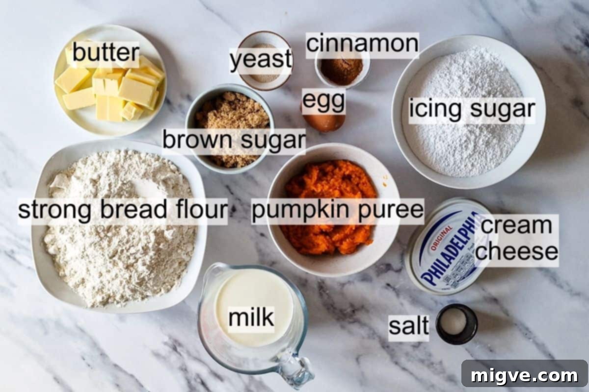 Bowls with ingredients for pumpkin cinnamon rolls with text labels, showcasing milk, butter, pumpkin puree, cinnamon, yeast, flour, brown sugar, and cream cheese.