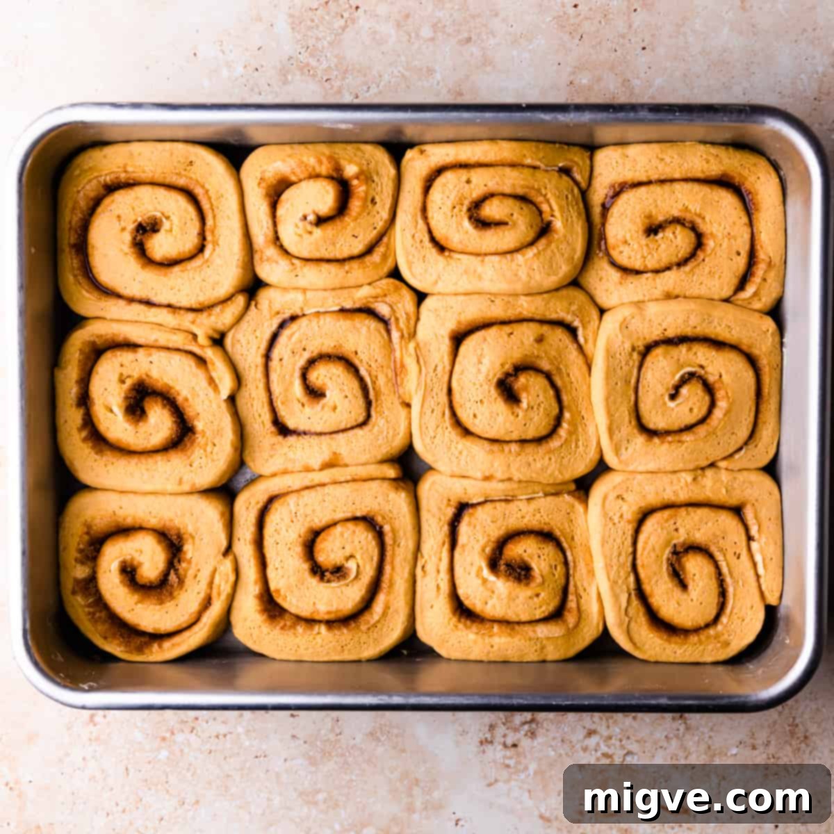 Risen cinnamon pumpkin rolls in a rectangular baking dish, showing they have doubled in size and are ready for baking.