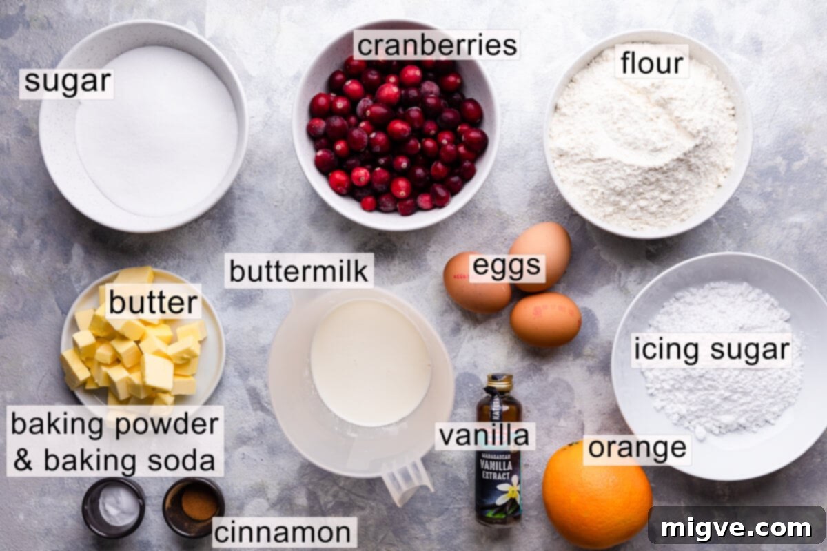 ingredients for orange cranberry bundt cake with text labels.