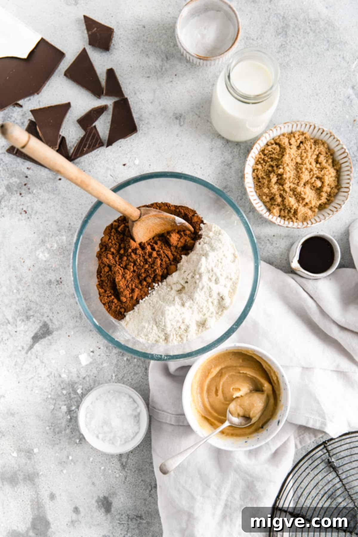 Overhead shot of some of the ingredients for vegan chocolate brownies with peanut butter frosting