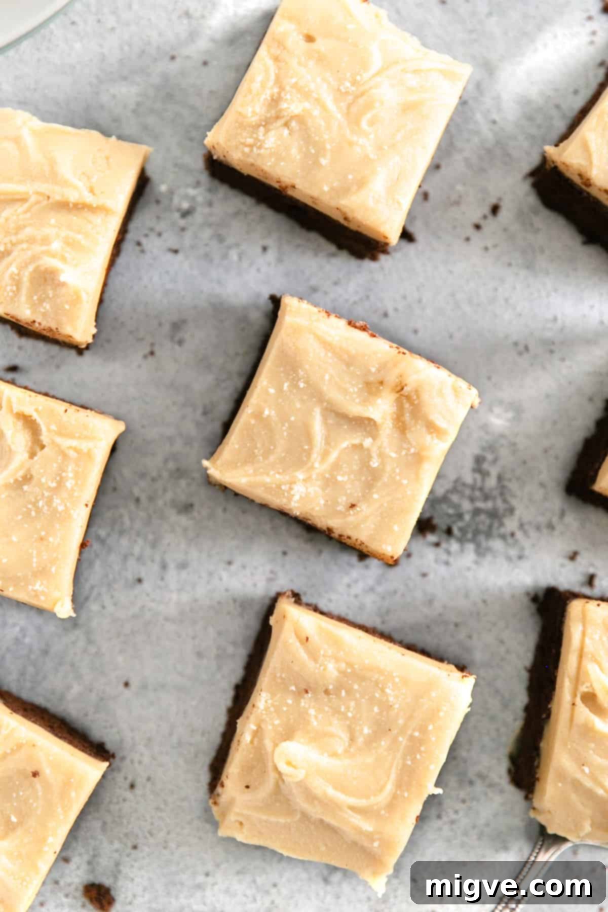 Overhead shot of individual slices of chocolate brownies with peanut butter frosting