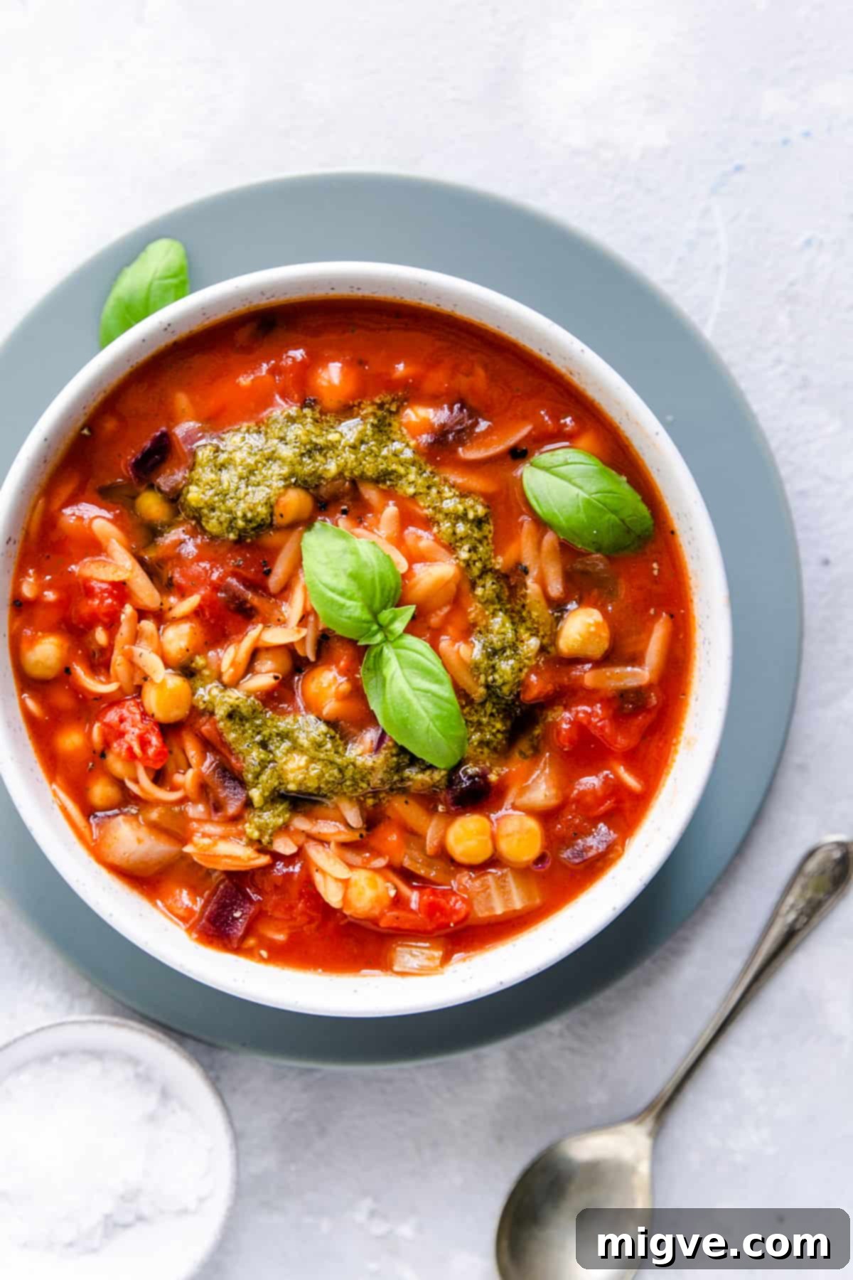 Close-up of vibrant orzo and tomato soup, garnished with fresh pesto and fragrant basil leaves