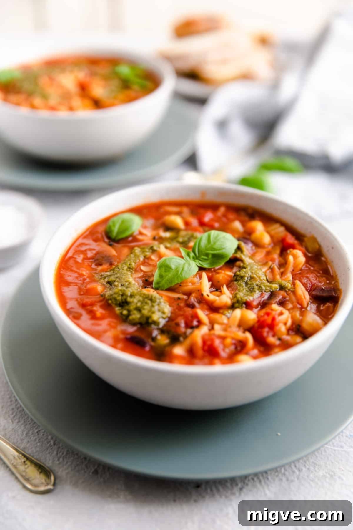 A simple side shot of a bowl of Orzo and Tomato Soup, highlighting its hearty and inviting texture