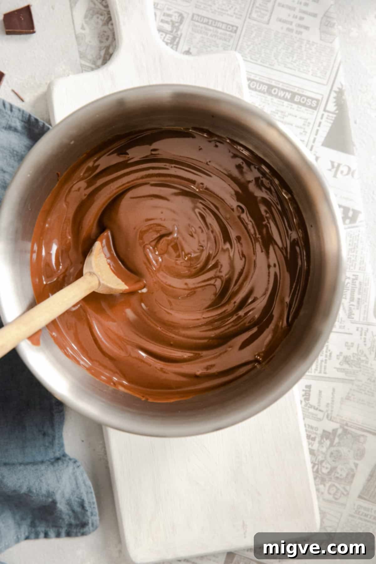 overhead shot of a mixing bowl with vegan chocolate pudding inside
