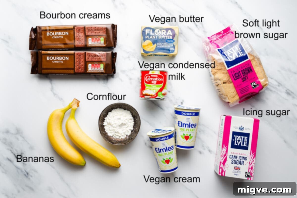 overhead shot of the ingredients for vegan banoffee pie with labels