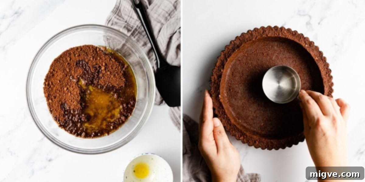 side by side photos showing the process of making the crust for the vegan banoffee pie