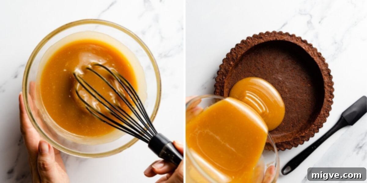 side by side photos showing vegan caramel in a bowl and being poured into pie tin
