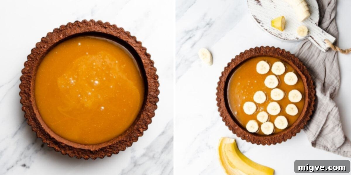 side by side photos showing banoffee pie being made