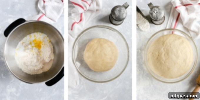Swirled Chocolate Hazelnut Babka Buns 5 Step one: Overhead shots depicting the process of preparing the dough for chocolate hazelnut babka buns, showing ingredients in a mixer and the start of kneading.