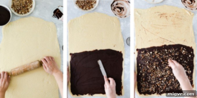 Swirled Chocolate Hazelnut Babka Buns 6 Step 2: Overhead shots of rolling out the babka dough and evenly spreading the rich chocolate filling with chopped hazelnuts on top.
