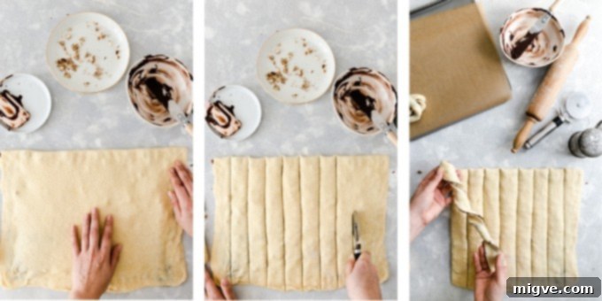 Swirled Chocolate Hazelnut Babka Buns 7 Step 3: Overhead shots showing the folded babka dough being cut into thin strips, ready for twisting and shaping into individual buns.