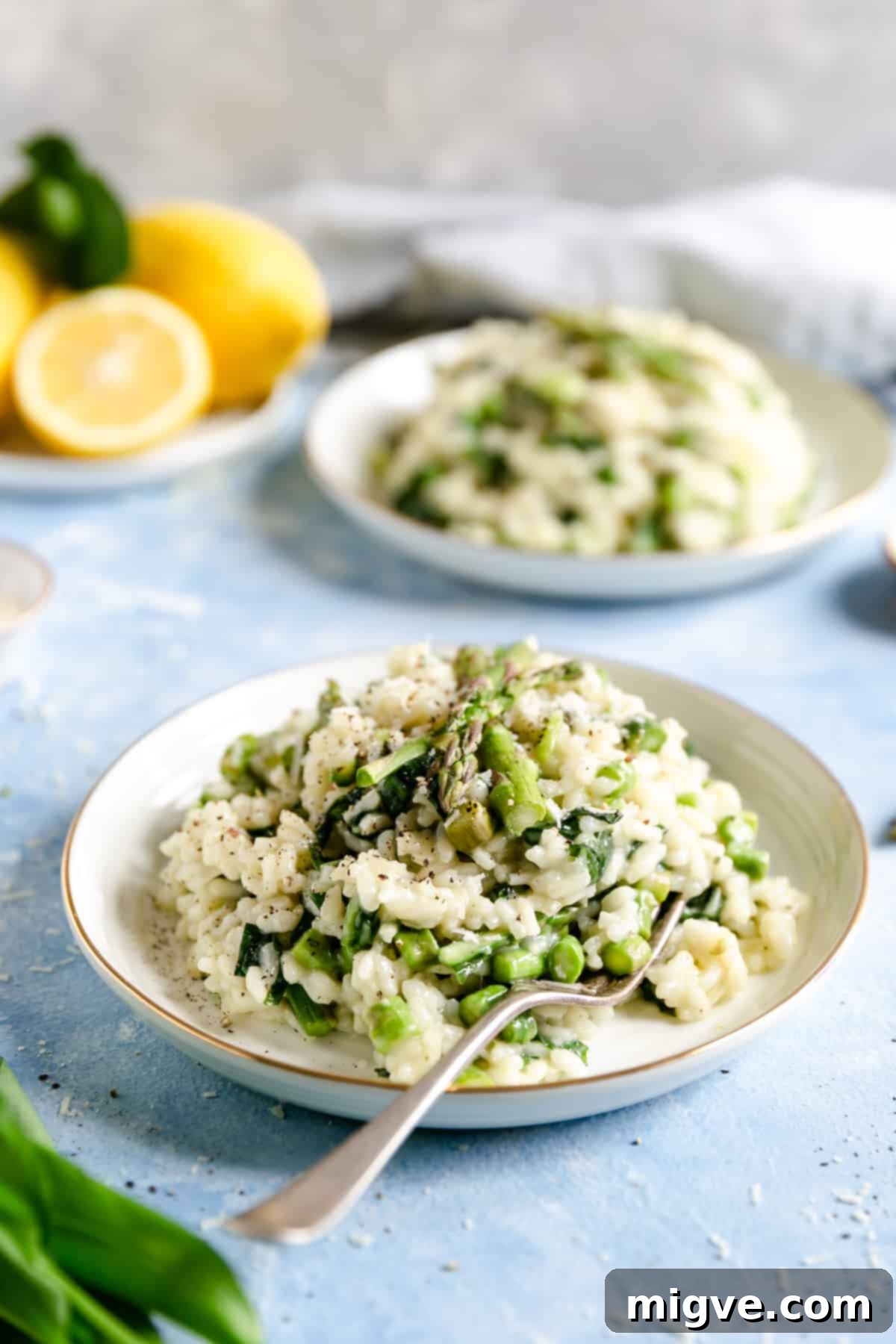 Straight ahead shot of a bowl with wild garlic and asparagus risotto and another bowl in the background