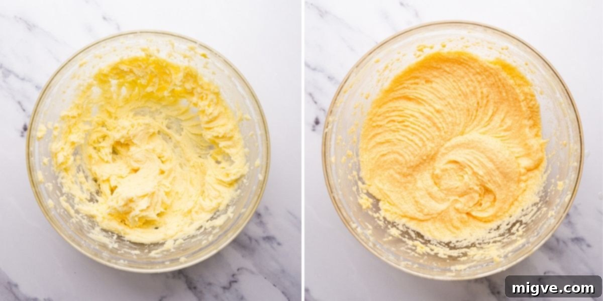 The first step of making lemon cake, showing creamed butter and sugar with eggs being added.