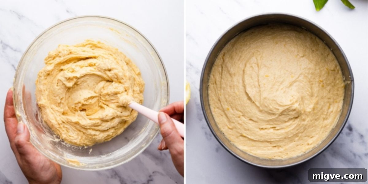 The second step of making lemon cake, showing the mixed batter being transferred to a baking tin.