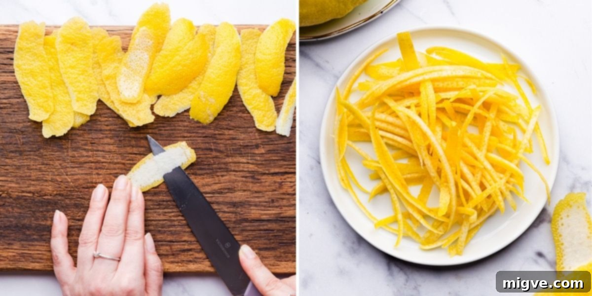 Process photos illustrating how to properly make homemade candied lemon peel from fresh lemons.