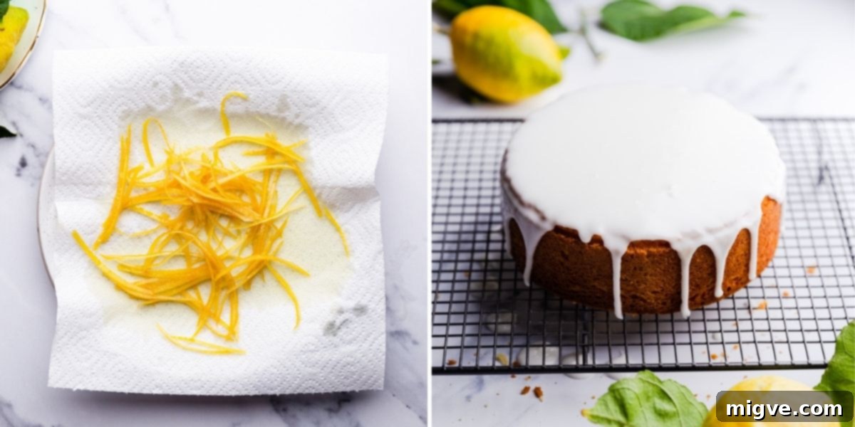 Process photos showing the final steps of making a lemon cake, including preparation of icing and candied peel.