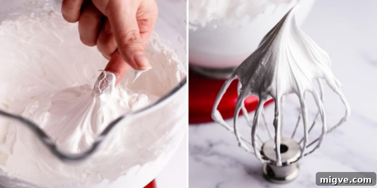 Series of photos illustrating the process of whisking egg whites to stiff peaks, a crucial step for a successful pavlova