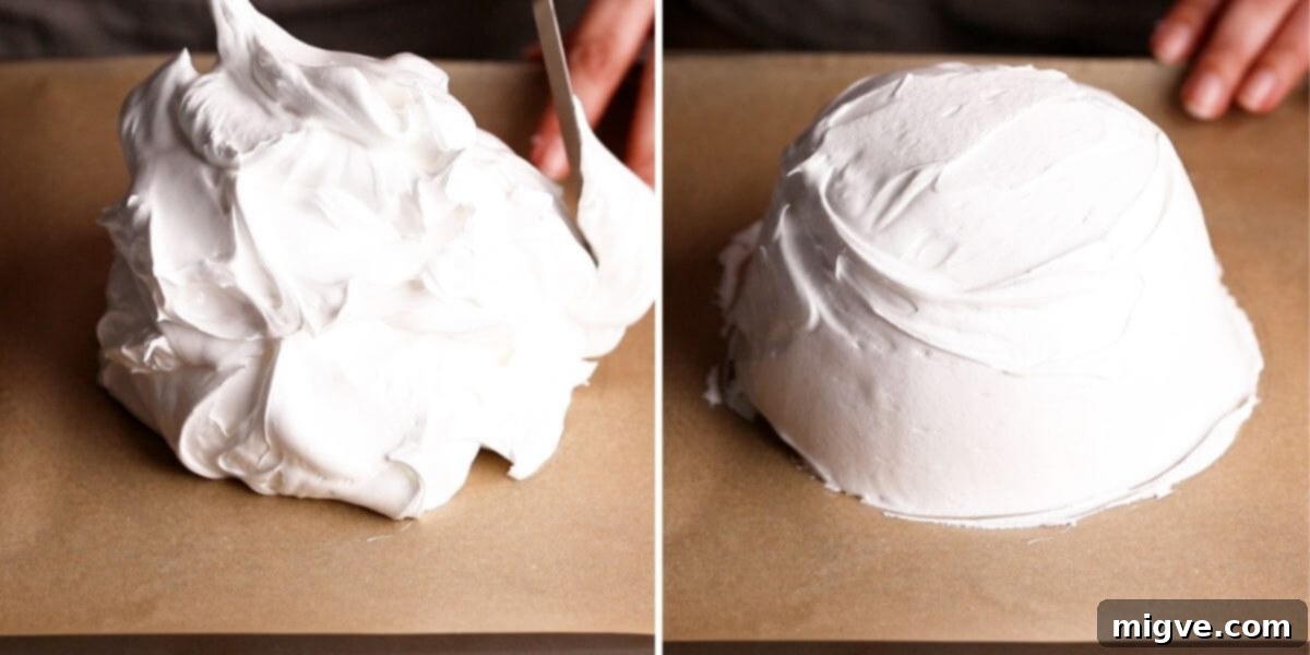 Step-by-step process photos demonstrating how to shape the pavlova meringue into a circular disc with a central well on baking paper
