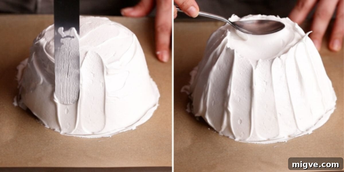 Additional process shots showcasing the meringue being carefully transferred and shaped on a baking sheet before going into the oven