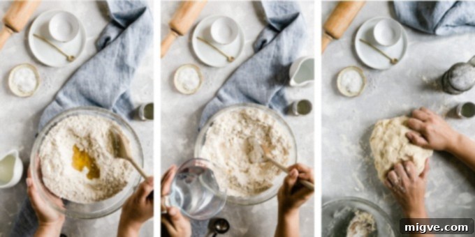 Step-by-step image showing a person preparing pizza dough, from mixing flour in a bowl to adding water and beginning to knead the dough on a floured surface.