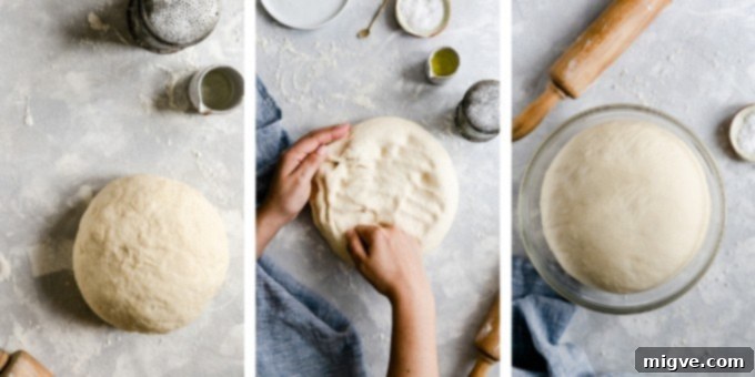 Step-by-step image of pizza dough undergoing its initial proofing process, showing a large ball of dough in a bowl, covered and rising.