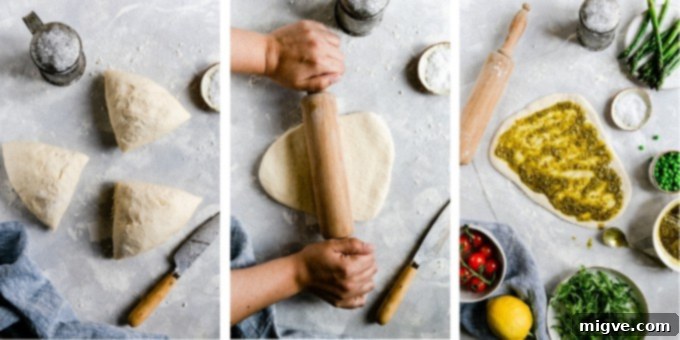 Step-by-step image showing pizza dough being rolled out on a floured surface and then topped with a generous layer of vibrant green pesto.