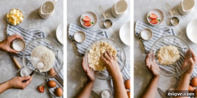 Rustic Strawberry Galette 6 top view of person preparing galette dough in three steps