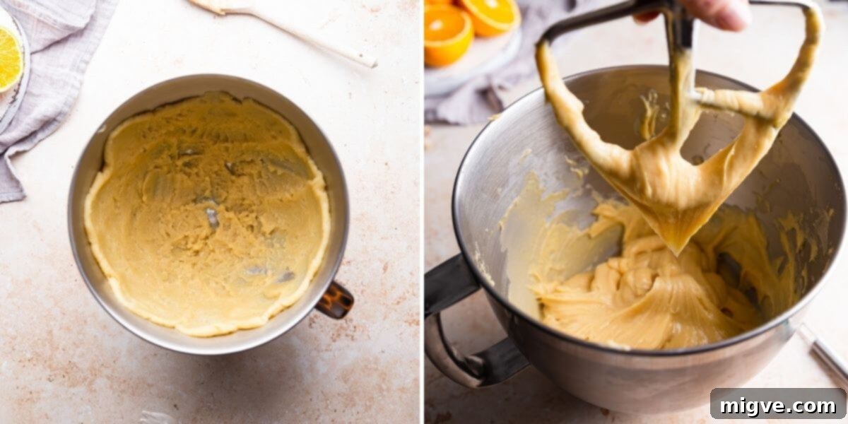 Airy Choux Rings 4 Side-by-side photos demonstrating the process of making choux pastry: one showing the dough in a saucepan, the other showing it after eggs have been incorporated, forming a V-shape on a spatula.
