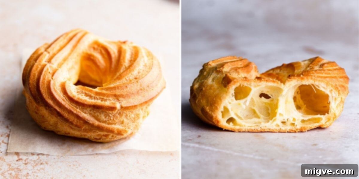 Airy Choux Rings 6 Side-by-side comparison photos showing the exterior and interior of a baked French cruller doughnut, highlighting its firmer crust and sturdier crumb.