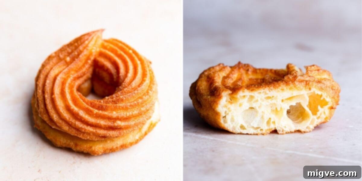 Airy Choux Rings 7 Side-by-side comparison photos showing the exterior and interior of a deep-fried French cruller doughnut, emphasizing its soft, crispy crust and airy, gooey interior.