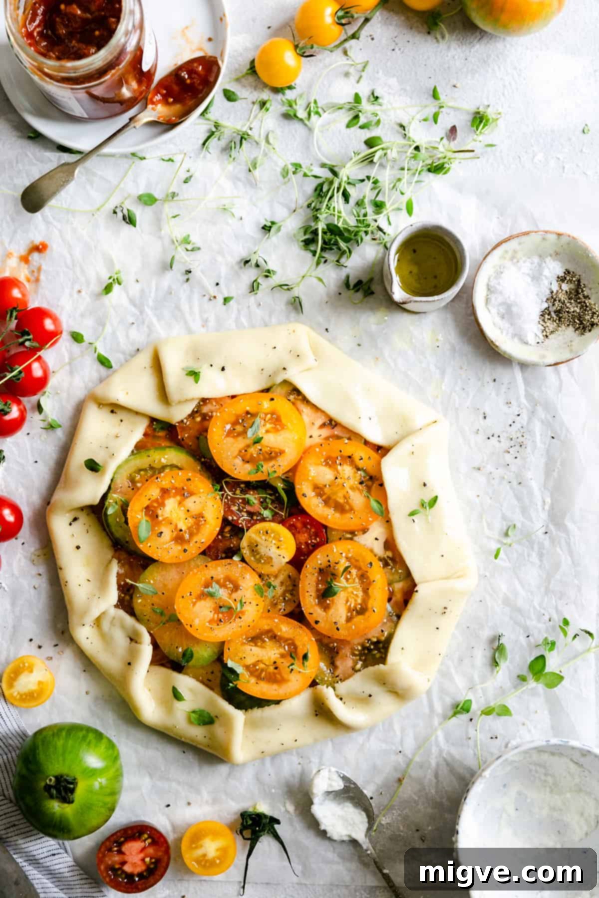 top view of a beautiful, unbaked summer tomato galette, its vibrant filling elegantly framed by folded pastry and sprinkled with fresh thyme