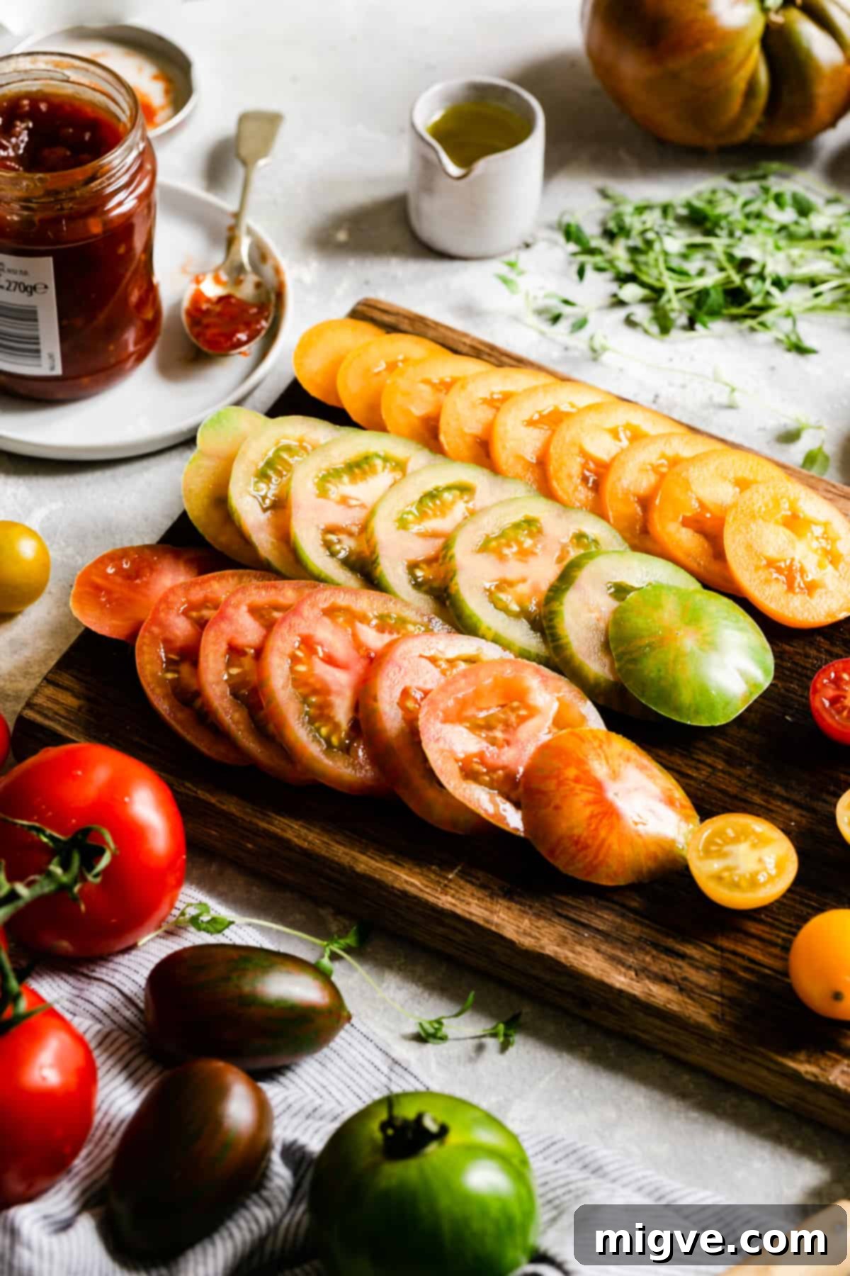 side view of an array of vibrantly coloured, perfectly sliced tomatoes resting on a rustic wooden chopping board