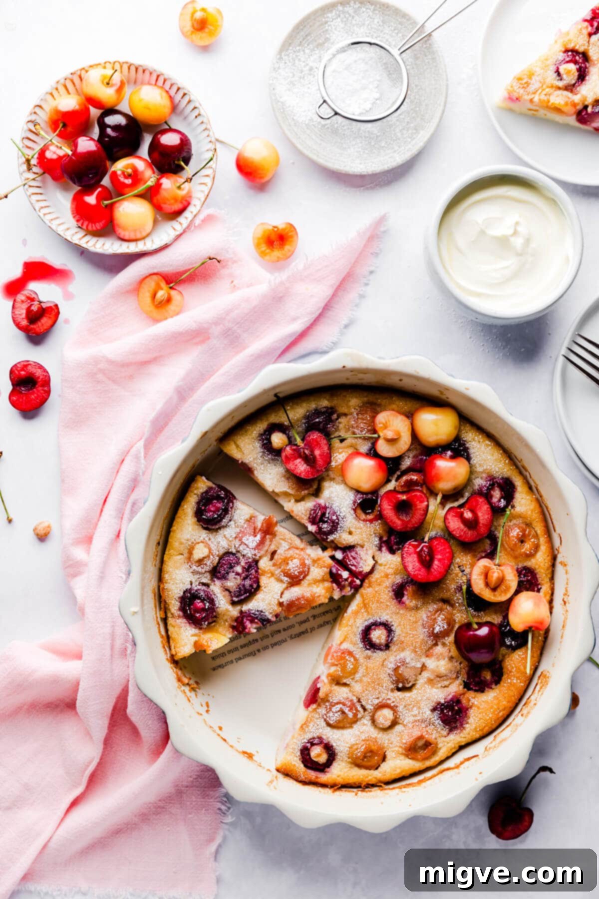top view of large bowl filled with pitted cherries