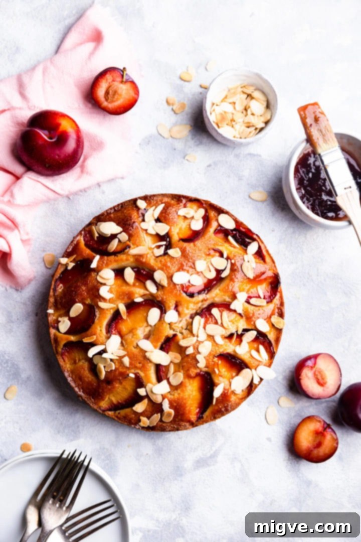 overhead shot of plum cake with flaked almonds on top, glistening with jam