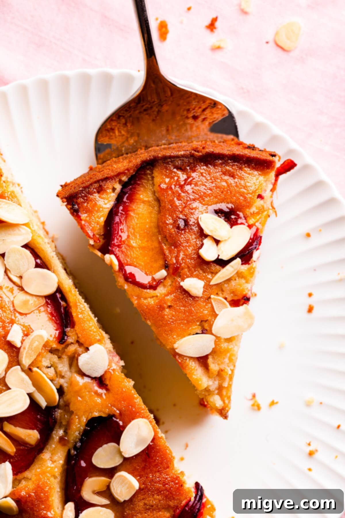 overhead super close up at an individual slice of plum cake on cake lifter, displaying the moist interior