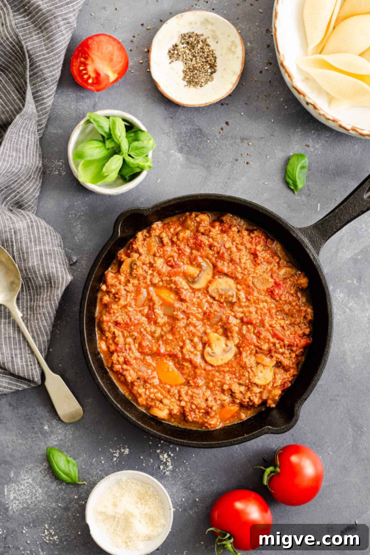top view of a pan filled with vegetarian bolognese sauce, rich and simmering