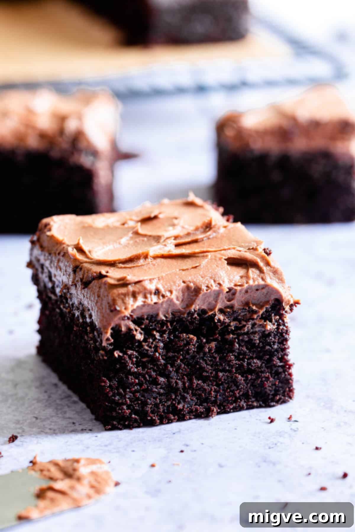 Close-up side view of a perfectly cut square slice of dark chocolate traybake, revealing its moist crumb and generous frosting.
