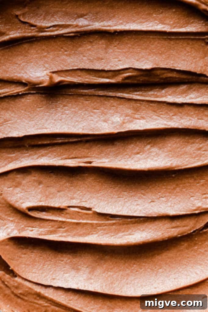 Extreme close-up shot of luxurious, glossy chocolate buttercream, showing its incredibly smooth and creamy texture.