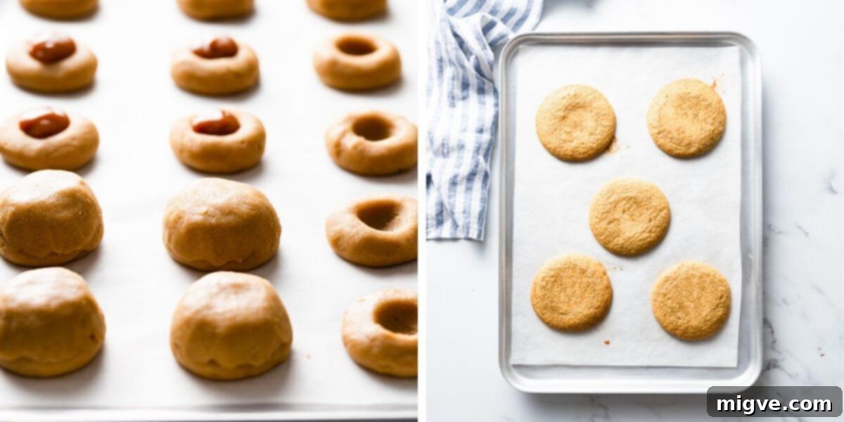 side angle and overhead view of dulce de leche stuffed cookies before and after baking